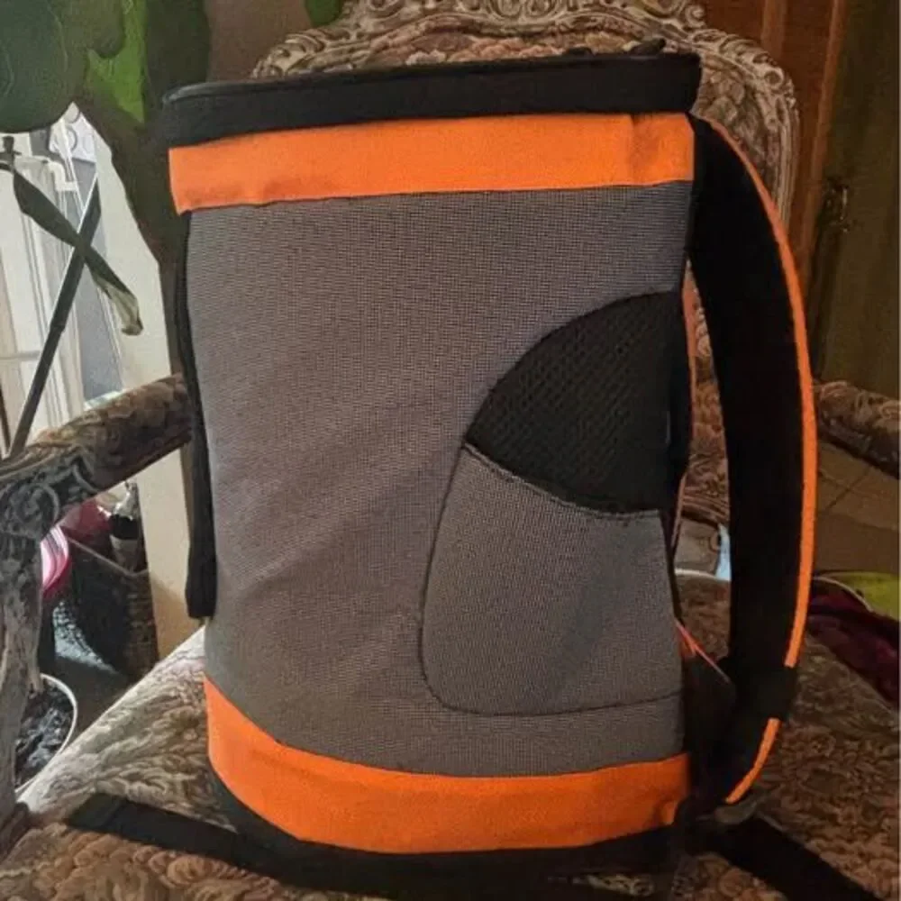 Orange and black soft-sided pet carrier, about 18x12x9 inches